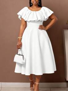 Veslaya 春秋新款优雅通勤/派对/休闲外出/日常休闲/晚宴/约会/毕业季修身纯白色无袖露肩荷叶边领系带A字中长连衣裙 - 大码，女士优雅连衣裙，新年连衣裙，白色连衣裙 - 白色 - 查看 2