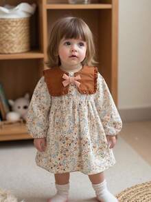 SHEIN 女婴可爱长袖公主裙，时尚优雅，春秋季 - 棕色 - 查看 8