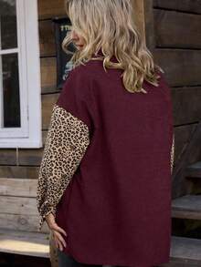 SHEIN LUNE 大码女式豹纹拼布撞色长袖休闲夹克，秋季 - 酒紅色 - 查看 2