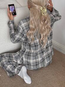 SHEIN 女士休闲纹理格纹印花长袖上衣和裤子睡衣套装，冬季服装 - 彩色 - 查看 2