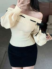 DAZY Áo len dài tay hở vai đính nơ đan chéo dễ thương cho ngày lễ tình nhân mùa xuân dành cho nữ, thu đông - Màu be - Xem 6