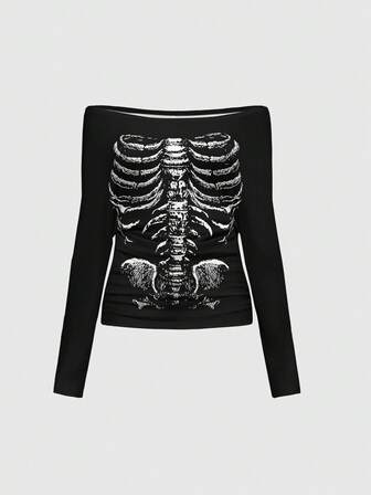 Goth Sexy Vintage Skeleton See-Through Off Shoulder Long Sleeve Ruched Y2K T-Shirt For Women