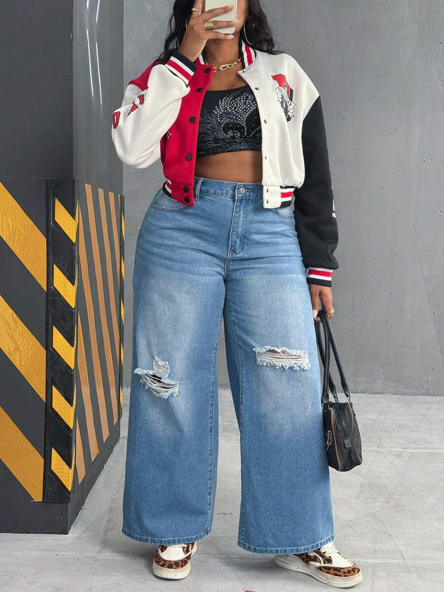 EMERY ROSE 大码女式做旧洗水宽松直筒工装牛仔裤，浅蓝色秋季节日秋季优雅牛仔裤