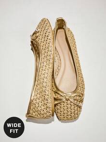 SHUZIA Damskor med vid passform, vävda PU-slip-on, fyrkantig tå och minimalistiska ballerinaskor – Bekväma, mångsidiga och klassiska oumbärliga - Guld - Visa 5