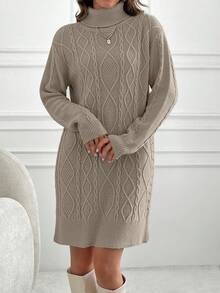 EURMUSE Knitwear Dress With Folded Neck And Cable Pattern - Rust Brown - View 3