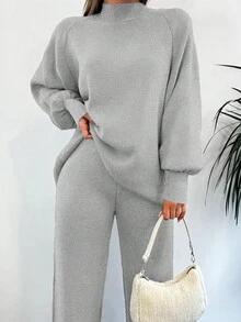 EURMUSE 2pcs Solid Color Leg Of Mutton Sleeve Knit Sweater Set - Light Grey - View 3