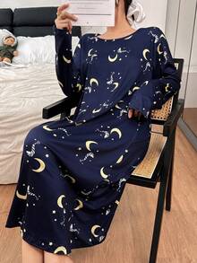 SHEIN 月亮星星印花女士休闲长袖睡裙，冬季 - 藍色 - 查看 1