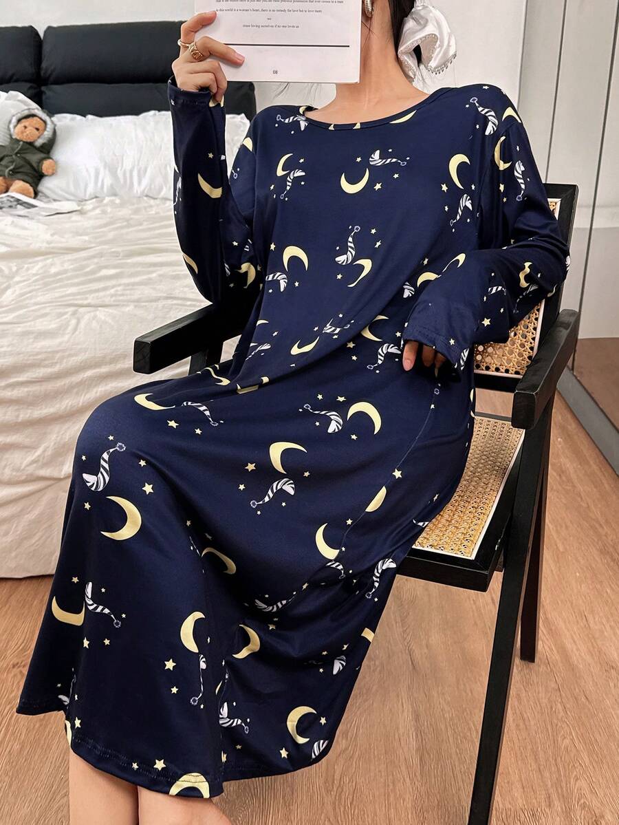 SHEIN 月亮星星印花女士休闲长袖睡裙，冬季 - 藍色 - 查看 1