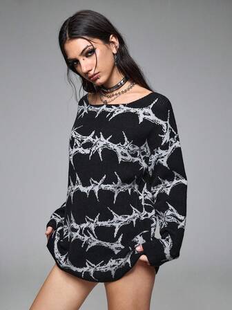 Grunge Punk Punk Thorn Pattern Loose Pullover Sweater