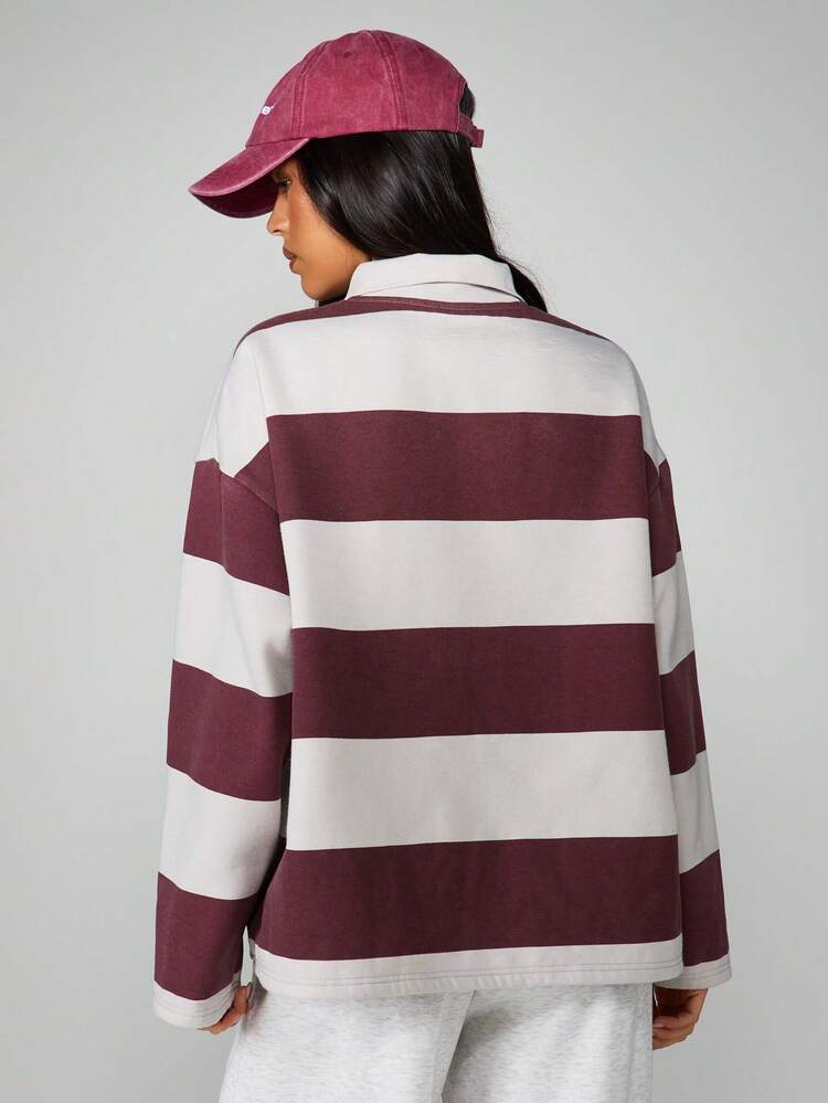 MISSGUIDED Long Sleeve Striped Rugby Sweatshirt With Collared Neckline And Button Closure Casual Pullover Top