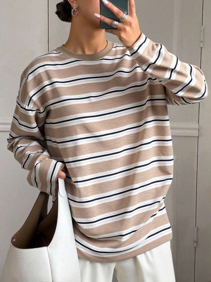 DAZY 女士条纹宽松圆领落肩长袖休闲T恤 - 卡其色 - 查看 1