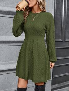 SHEIN Clasi 女式纯色简约休闲圆领长袖毛衣裙 - 軍綠色 - 查看 6