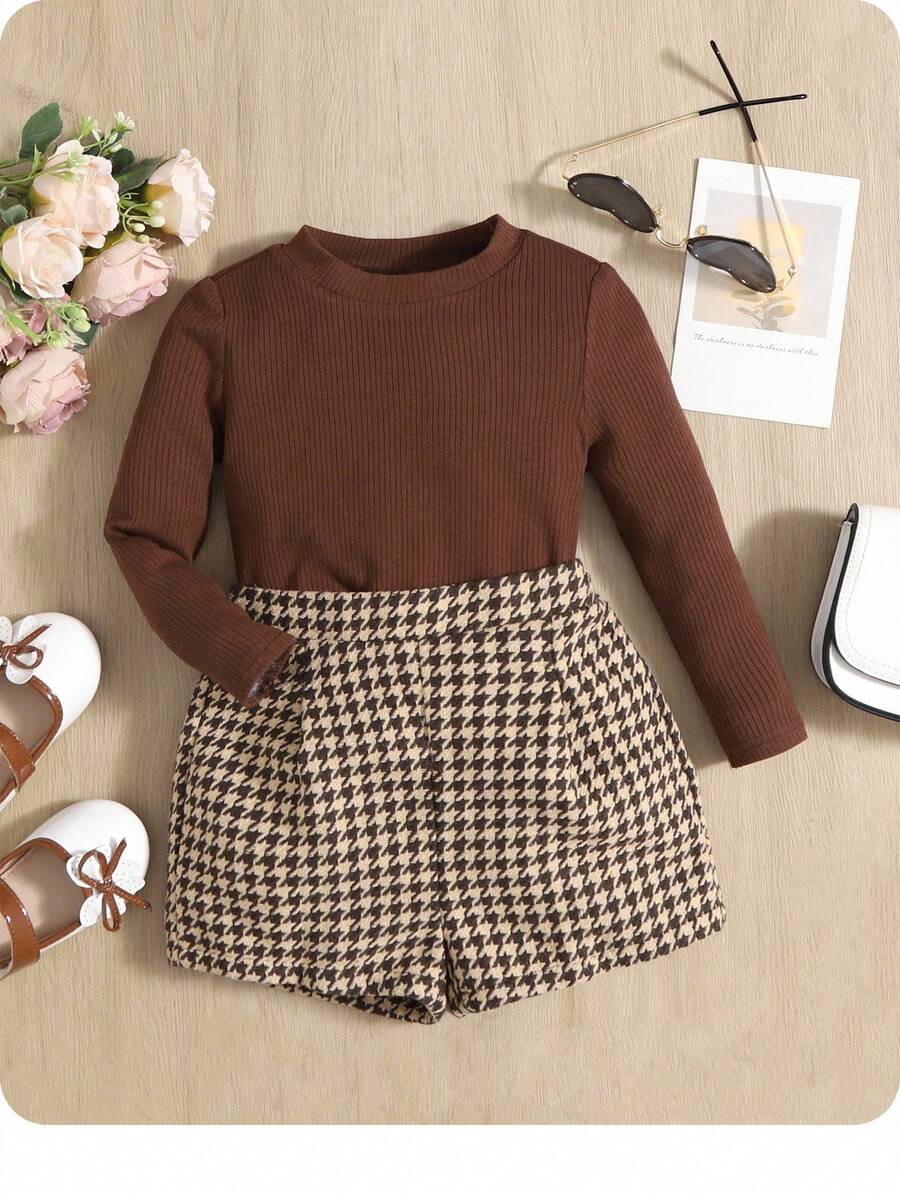 Baby Girl Rib-Knit Tee & Houndstooth Plicated Detail Shorts - Coffee Brown - View 1