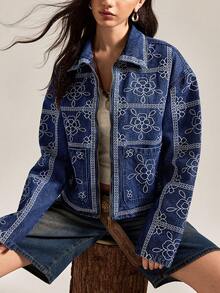 Easelle 女式花卉刺绣长袖拉链休闲牛仔夹克，秋季