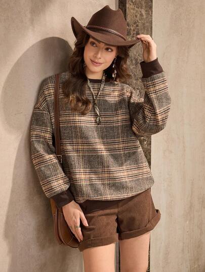 Wildy Sudadera casual de manga larga con cuello redondo, estampado de cuadros y jacquard en estilo retro