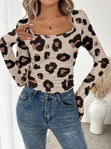 EMERY ROSE 女式休闲简约浅棕色卡其色豹纹全宽长袖 T 恤，适合作为秋冬季汗衫，百搭款式 - 彩色 - 查看 3