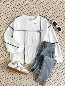 SHEIN Sudadera holgada y casual minimalista y cómoda con cuello redondo, decoración de línea de color contrastante y diseño dividido para niña preadolescente, ropa de otoño e invierno - Blanco - Ver 5