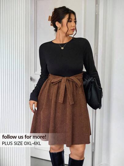 SHEIN Frenchy Plus Size Women High Neck Black Knit Long Sleeve Top Paired With Khaki Corduroy A-Line Skirt, Plus Size Dress For Everyday Wear, Date, Fashion