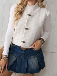 SHEIN LilyWest Women's Solid Color Stand Collar Button Front Casual Sweater Vest - Beige - View 1