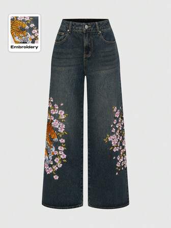 Grunge Punk Unisex Retro Streetstyle Chinesischer Tiger & Kirschblüten Stickerei Weite Loose-Fit Jeans