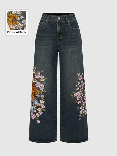 Grunge Punk Unisex Retro Street-Style Chinese Tiger & Sakura Embroidery Loose Wide-Leg Jeans