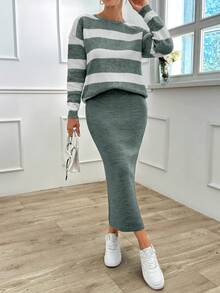 EURMUSE 2 件套条纹拉绒裙，简约时尚休闲日常穿着 - 薄荷綠 - 查看 3