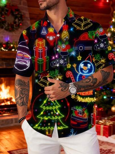 Manfinity Homme Men's Christmas Tree Print Single-Breasted Casual Short Sleeve Shirt Cozy Fall & Winter Styles Christmas Gifts