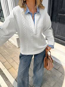 Chiquease 女款2合1条纹拼接领卫衣，长袖，优雅法式风情 - 彩色 - 查看 5