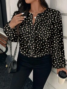 EMERY ROSE Camisa elegante y vintage de talla grande con estampado asimétrico de lunares y leopardo