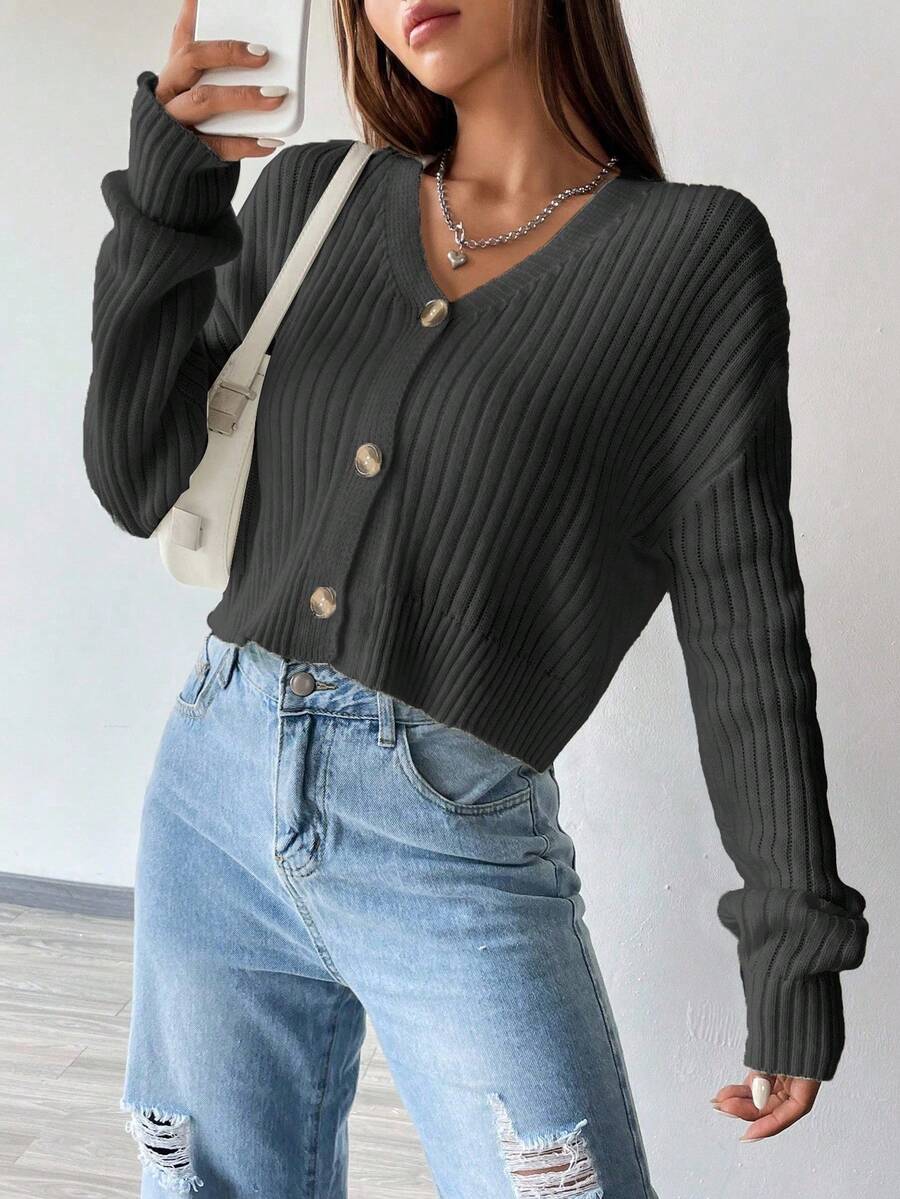 SHEIN Unity Fashionable & Versatile Button-Up Ribbed Knit Cardigan, Autumn/Winter