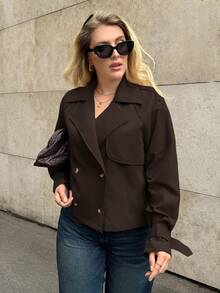 Auralis Plus Size Women's Autumn And Winter Fashion Casual Loose Comfortable Daily Basic Versatile Classic Dark Brown Short Windbreaker Jacket,Fall Outfits,Simle Style,Winter Coats,Old Money Style