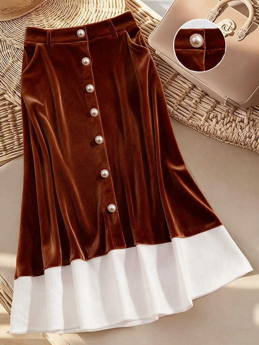 GlowEve تنورة أنيقة من الدمقس الأنيق مع رقع ومشبك خصر، بأزرار لؤلؤية، متطورة وشاملة للاستخدام في فصل الشتاء - متعدد الألوان - مشاهدة 1