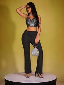 INAWLY Fashionable Versatile Commuter Solid Color U-Shaped Pleated Flare Pants - Black - View 7
