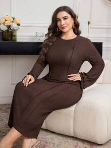 Modelyn 大码纯色针织纹理圆领喇叭袖修身中长连衣裙，春秋季 - 棕色 - 查看 4