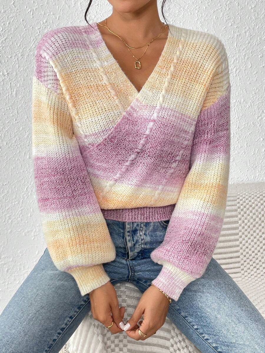 EMERY ROSE 女式撞色简约 V 领长袖套头衫，日常穿着 - 彩色 - 查看 1