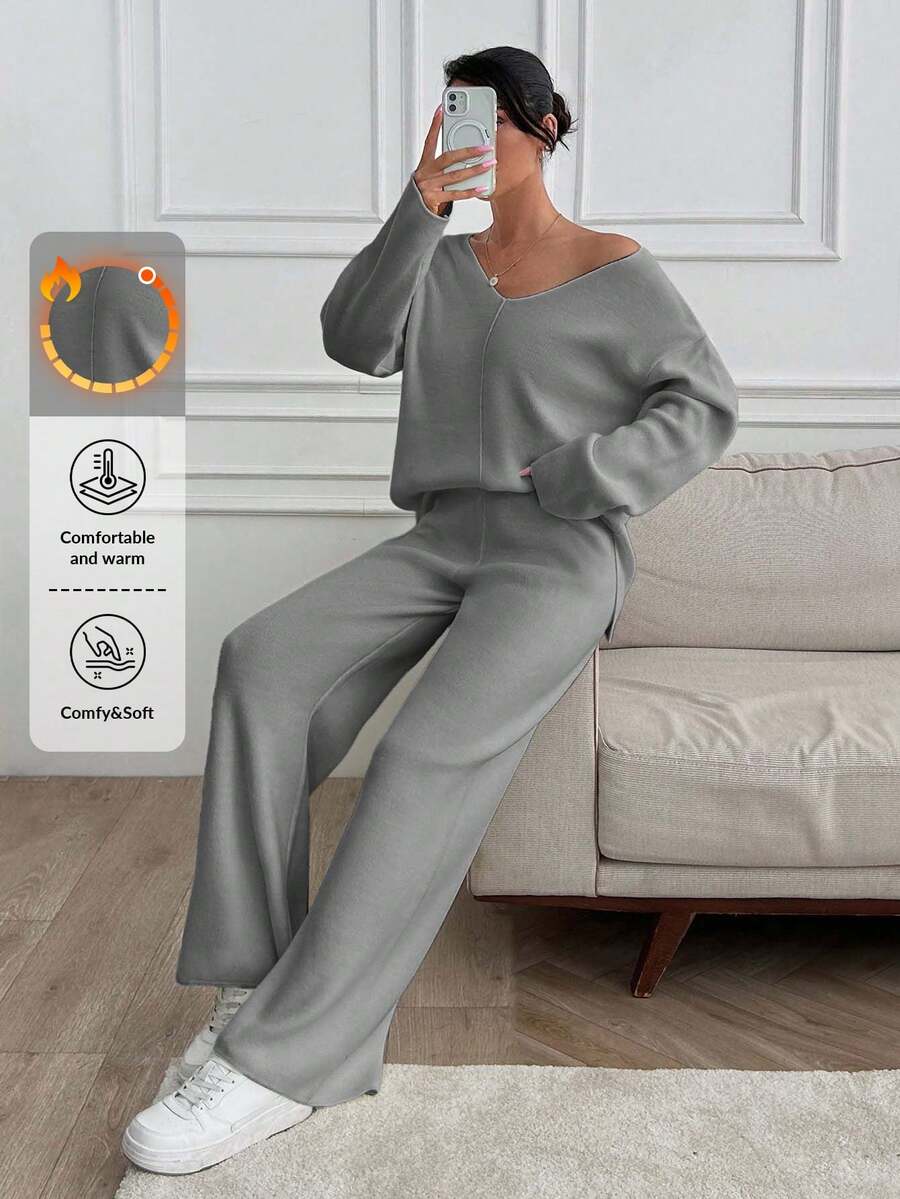 SHEIN PETITE Petite Damen V-Ausschnitt Oversized Pullover und Strick Hose Set