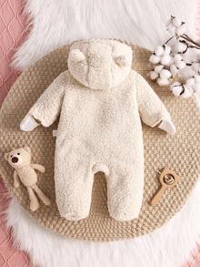 SHEIN 新生男婴秋冬毛绒连帽连体衣，带 3D 耳朵装饰和手套，温暖可爱的连体衣
