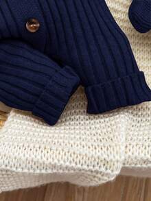 SHEIN 新生女婴可爱秋冬针织连体衣，带连脚裤和帽子套装，百搭 - 藏蓝色 - 查看 7