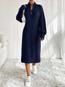 EURMUSE Women Knit Sweater Dress With Zipper Detail,Petite - Navy Blue - View 4