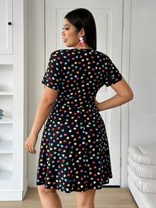 Solflare Valentine's Day Outfit, Colorful Heart Print V-Neck Plus Size Dress - Multicolor - View 2