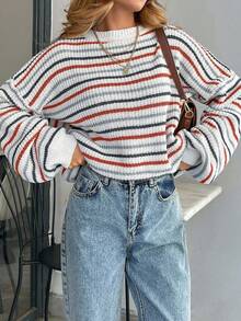 EURMUSE Femme pull ample à encolure ronde et épaules tombantes avec motif rayé - Multicolore - Voir 4