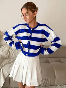 SHEIN Cottnline Cárdigan de rayas con hombros caídos - Azul - Ver 3