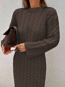 EURMUSE Women's Knitwear Long Dress With Cable Pattern,Petite - Mocha Brown - View 2
