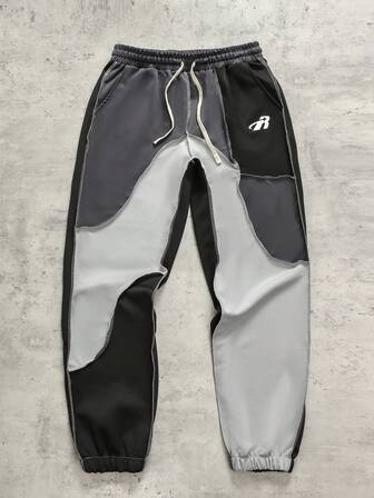 Street Life Men's Contrast Color Patchwork Drawstring Waist Jogger Pants