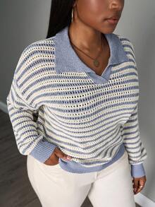 SHEIN PETITE CURVE Pull-over à col polo rayé à manches longues, grande taille, style décontracté - Bleu gris - Voir 6