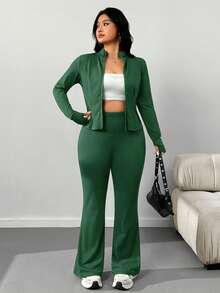 SHEIN EZwear 大码休闲轻便瑜伽夹克和喇叭裤两件套 - 墨綠色 - 查看 5