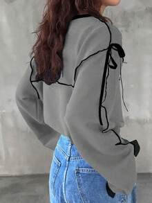 FRIFUL Camiseta de mujer de cuello redondo oversize con contraste de color y lazo