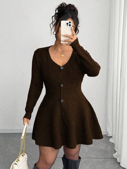 Elenzga Plus Size Women's Solid Color V-Neck Single-Breasted Long Sleeve Knitted Cardigan, Autumn/Winter