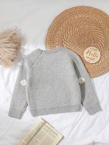 SHEIN Vintaside Kids 少女花卉圖案圓領長袖毛衣，白色，秋季，仙女風，校園，返校女款針織上衣套頭衫秋季服飾 - 灰色 - 查看 2