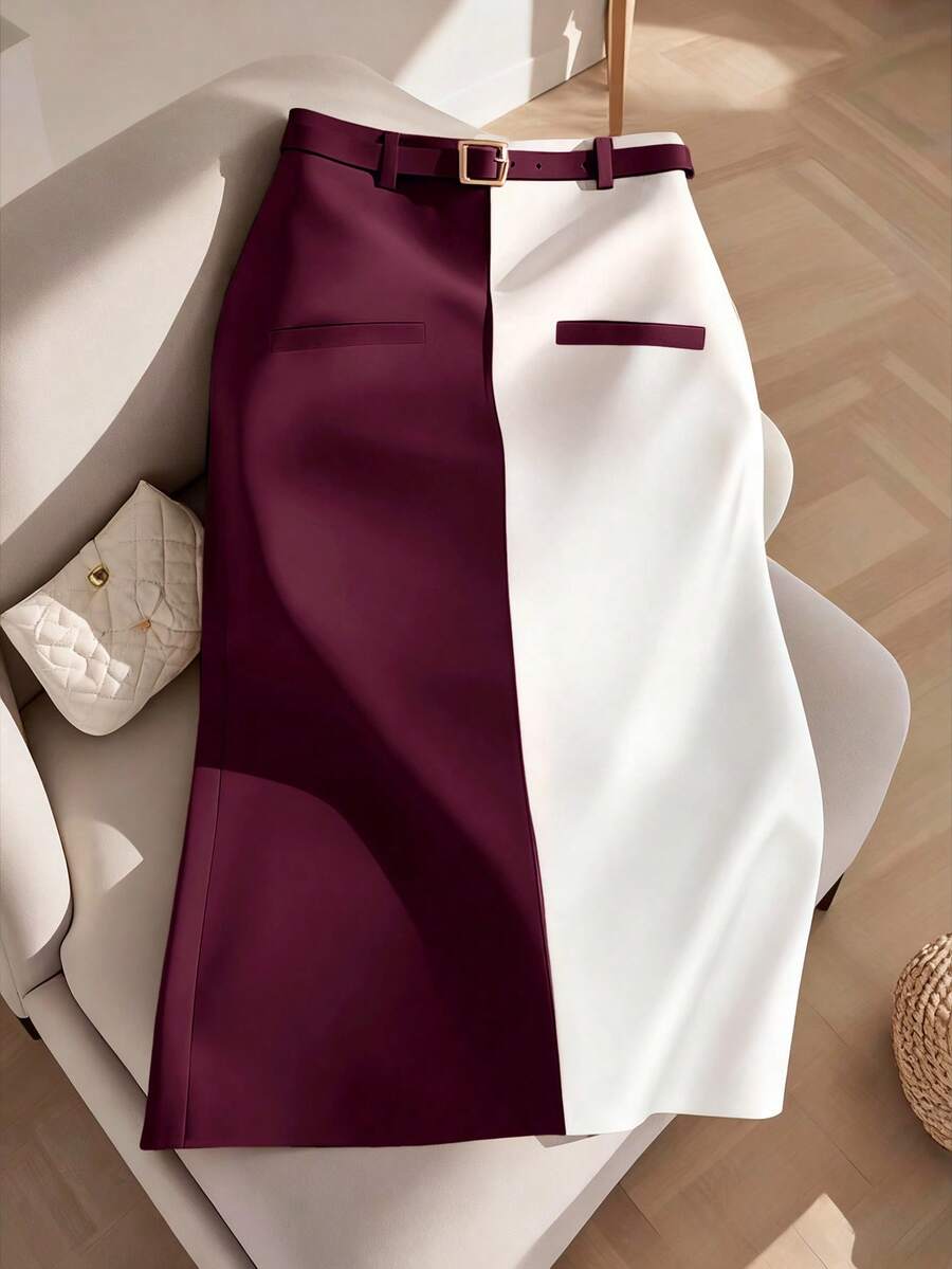 Plus Size Elegant Color Block Design Classic Business Commute Skirt, "Woe Is Me Vibes" Wednesday Aesthetic, Kooky Elegance Collection - Violet Purple - View 1